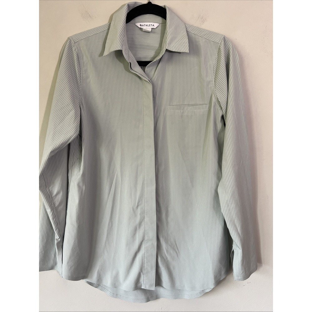 Athleta Urbanite Women's Size XS Green Stripe Button Front Stretch Pocket Top